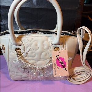 Betsey Johnson Cream Heart-Quilted Shoulder Bag